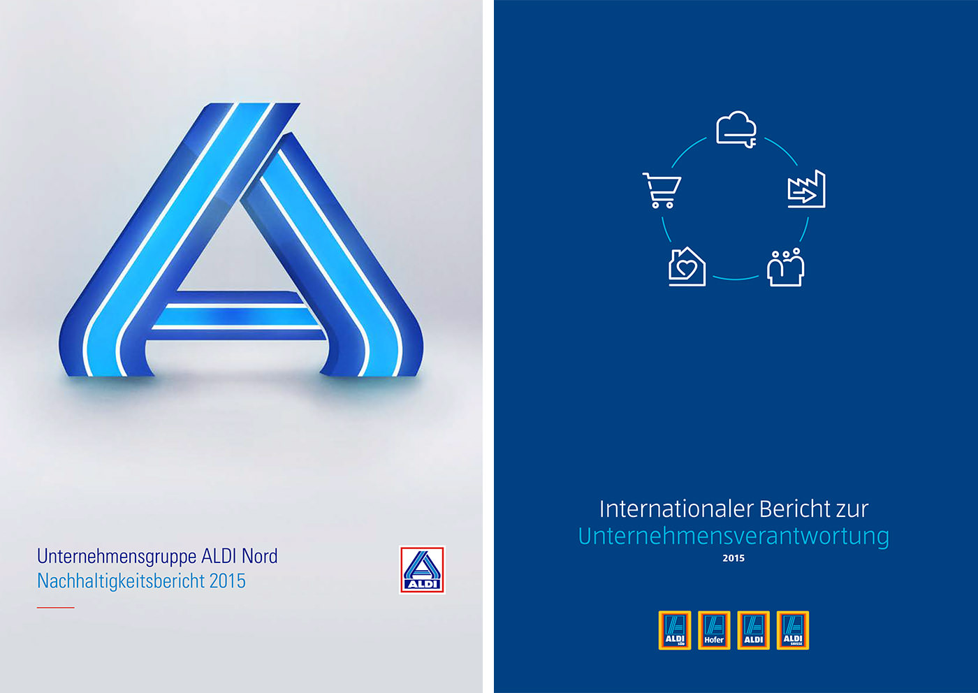 Titelseiten der Nachhaltigkeitsberichte von ALDI Nord und ALDI Süd